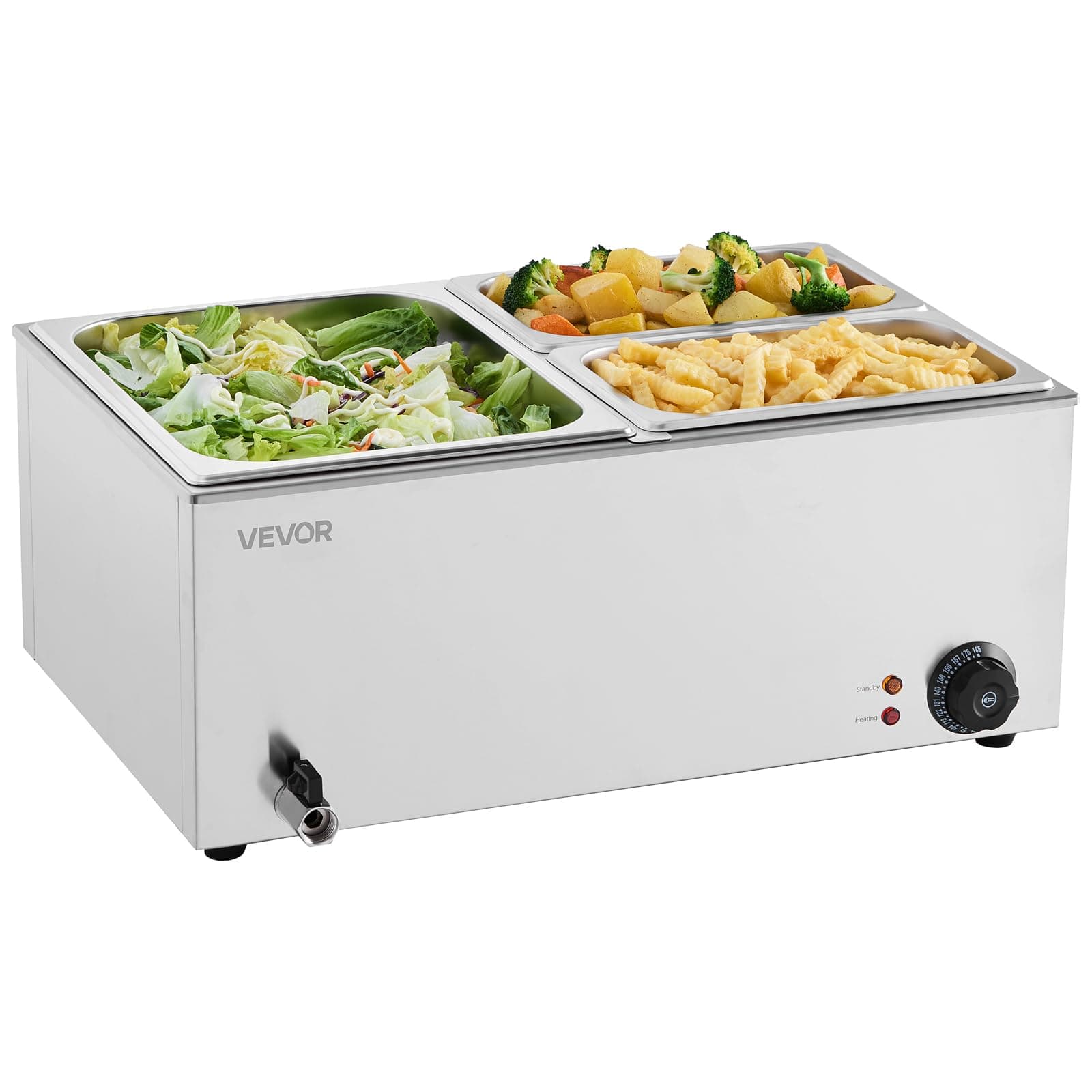 VEVOR 3-Pan Commercial Food Warmer, 24QT Electric Steam Table, 1200W Professional Countertop Stainless Steel Buffet Bain Marie with 86-185°F Temp Control for Catering and Restaurants, Silver
