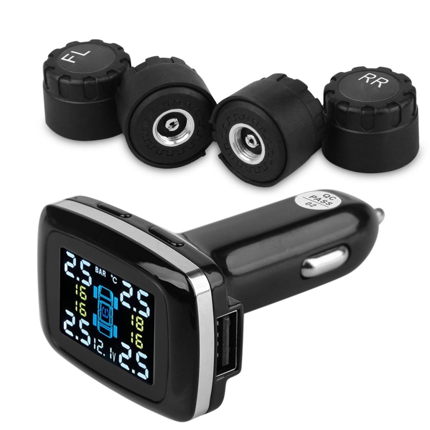 CAREUD-TPMS TP620 Wireless Real-time Tire Pressure Monitoring System Cigarette Lighter with 4 External Sensors and USB Charger Port