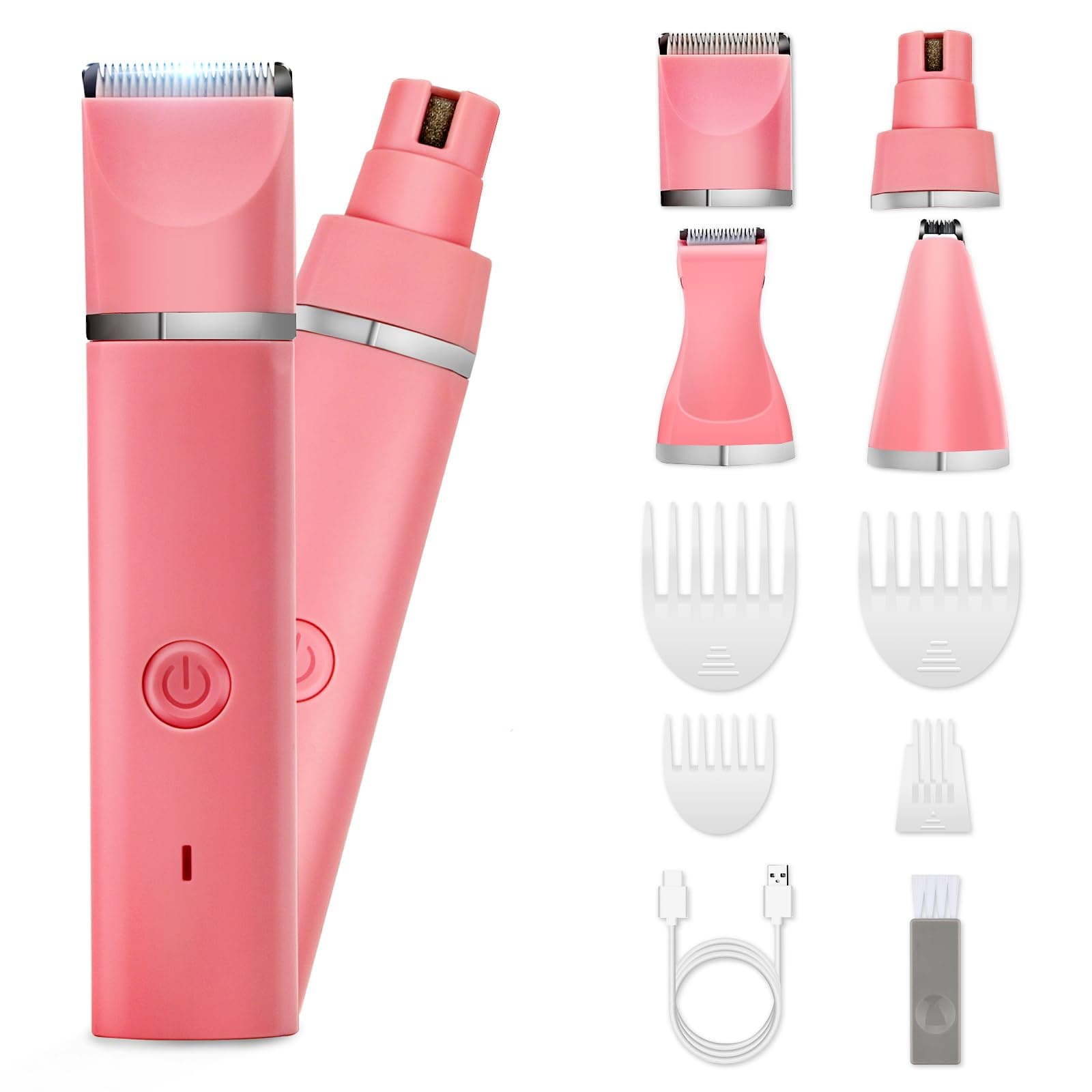 Dog Grooming Clippers Kit-Electric Rechargeable Cat Trimmer Tools-Cordless Quiet Pet Nail Paw Grinder-4 in 1 Multifunctional Low Noise Shaver-Razor for feet Face Ears Toenail Eye(Pink)