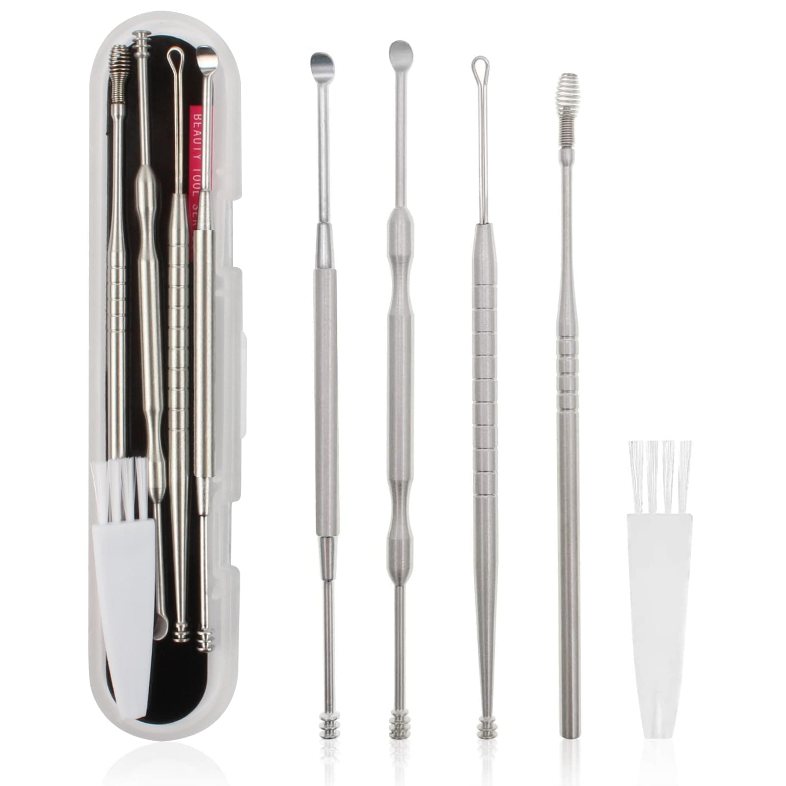 MJIYA Ear Pick Earwax Removal Kit, Ear Cleaning Tool Set, Ear Curette Ear Wax Remover Tool with A Storage Box (Silver, 5 Count (Pack of 1))