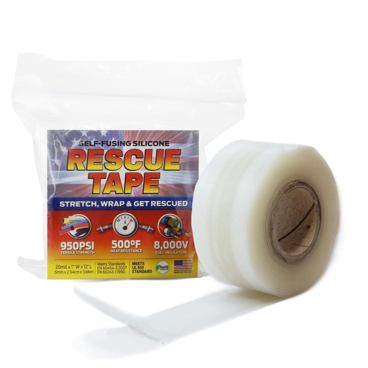 Rescue Tape, Self-Fusing Silicone for Emergency Plumbing, Pipe & Hose Repair, Electrical Insulation, Waterproof, 950PSI, Made in USA, 1" x 12', Clear