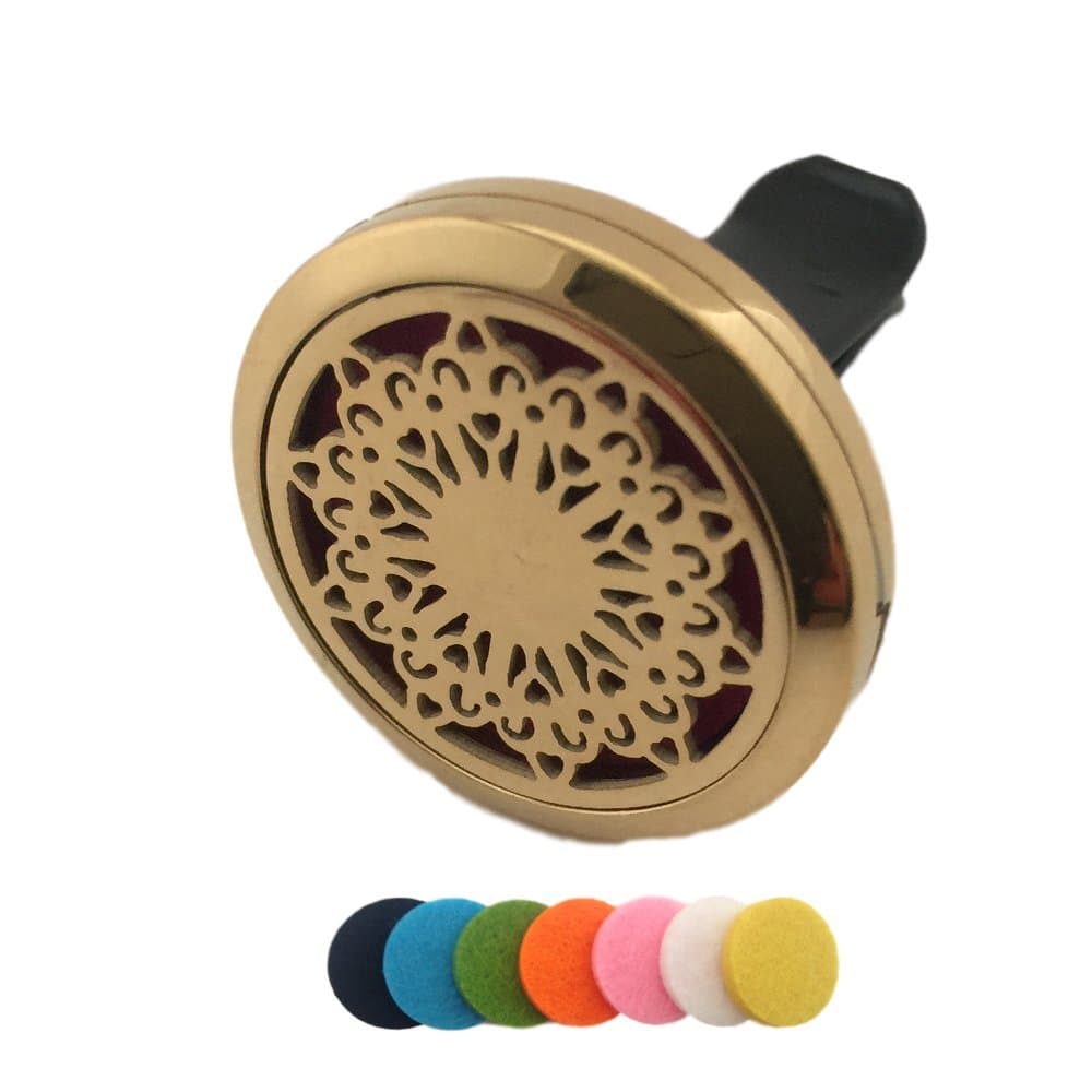 Car Fragrance Diffuser Essential Oil Vent Clip Air Freshener Elegant Gold Plated Hypo-Allergenic Stainless Steel Portable Aromatherapy Sunflower Pendant Gift Box Set (Sunflower)