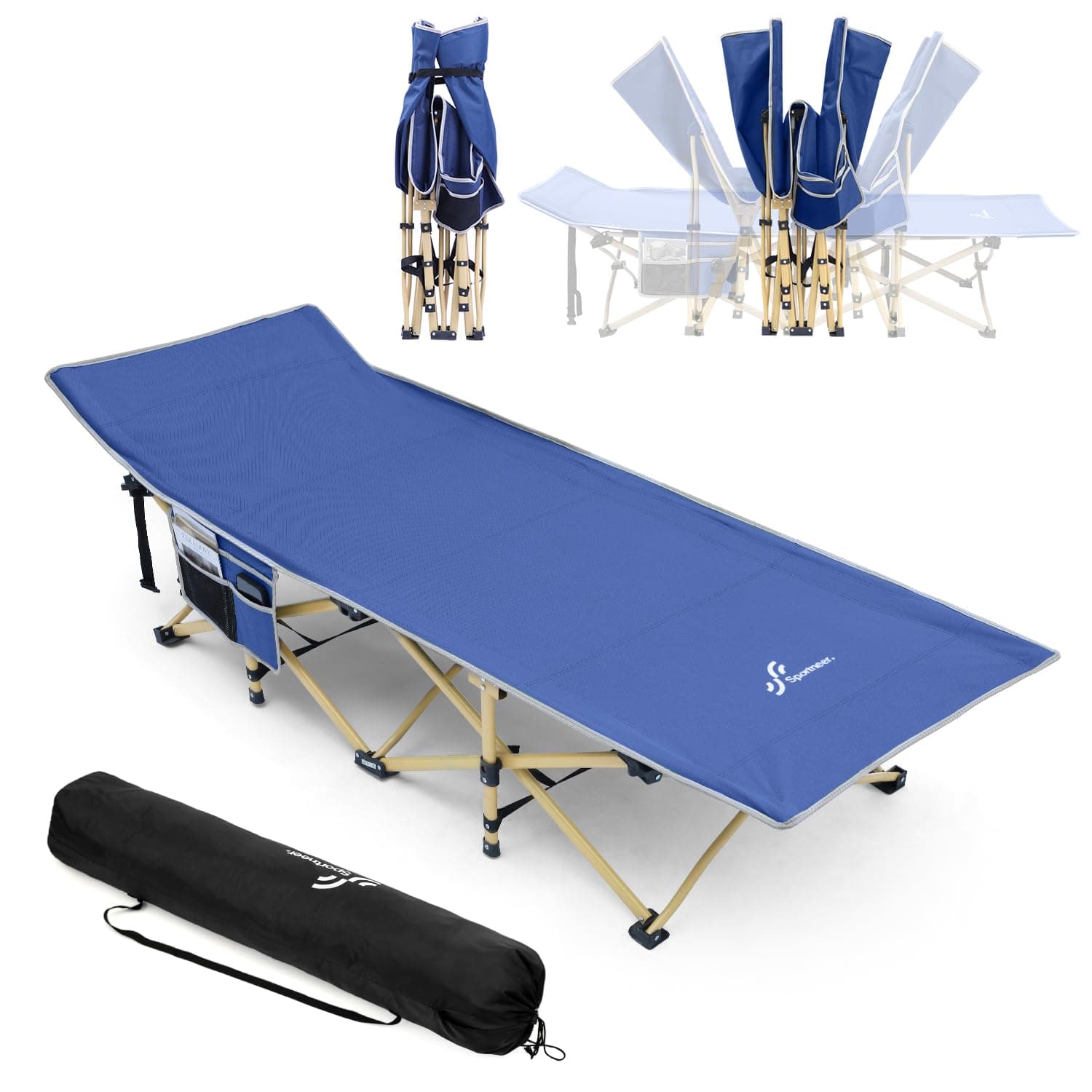 Sportneer Camping Cot: 1200D Double Layer Oxford Foldable Camping Cots for Adults - Heavy Duty Cots for Camping Travel Tent Day Outdoor & Home Guest, Camping Cots with Carry Bag & 2 Side Pockets