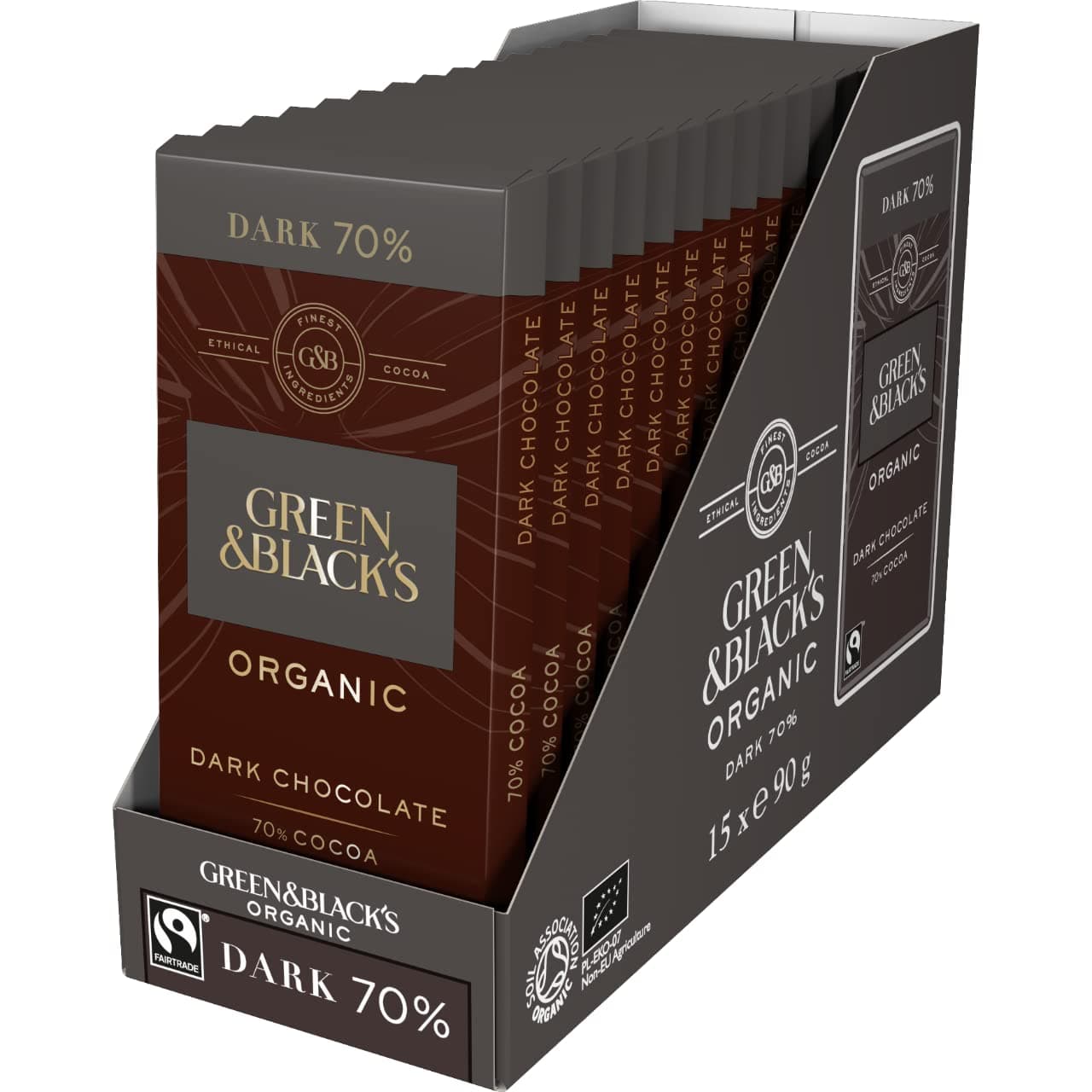 Green & Black's Organic Dark Chocolate Bar, 70% Cocoa, Rich & Intense, 90 g (Pack of 15)