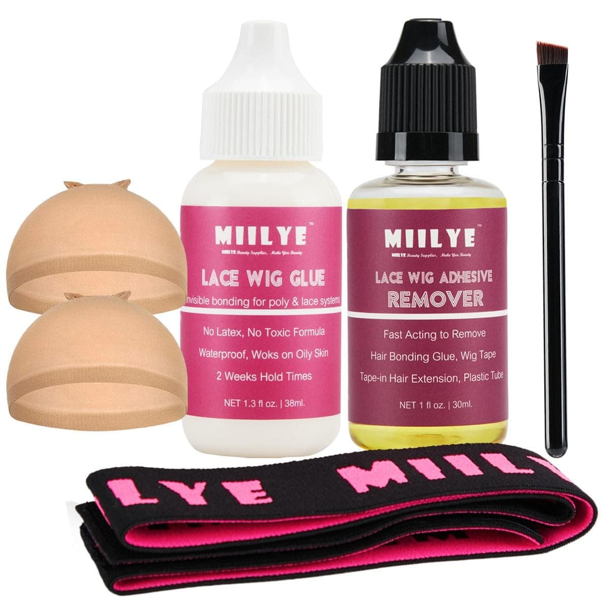 MIILYE Wig Glue for Front Lace Wigs and Remover Set, Invisible Waterproof Bonding Glue + Solvent + Lace Melting Band + Application Brush