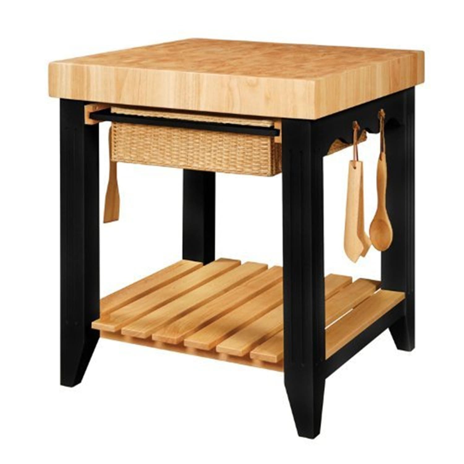 Farmhouse Fresh Square Kitchen Island with Butcher Block Top, 30" W x 30" D x 36.38" H, Black/Natural, 4 Utensil Hooks, and Adjustable Glides