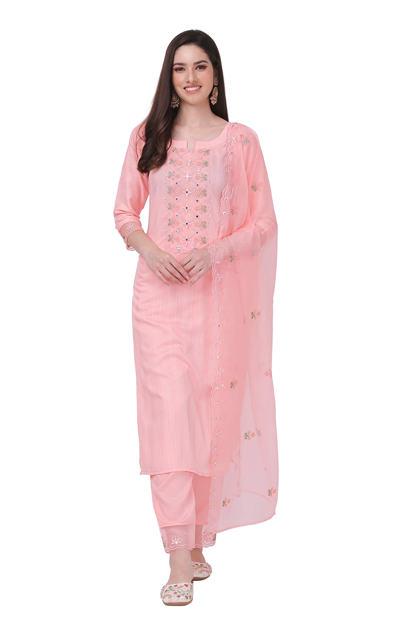 Women's Cotton Embroidery Salwar Suit Set Kurta Pant with Dupatta