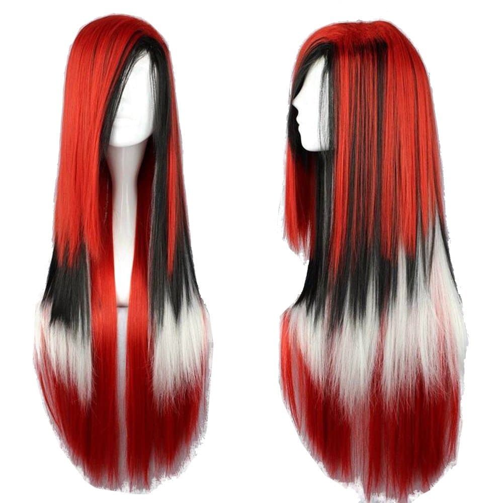 Straightened length 27.6" Wig mixed color Long Curly Wavy Hair Women and Girl Cosplay Party Costume Wig(Red, Black, White)