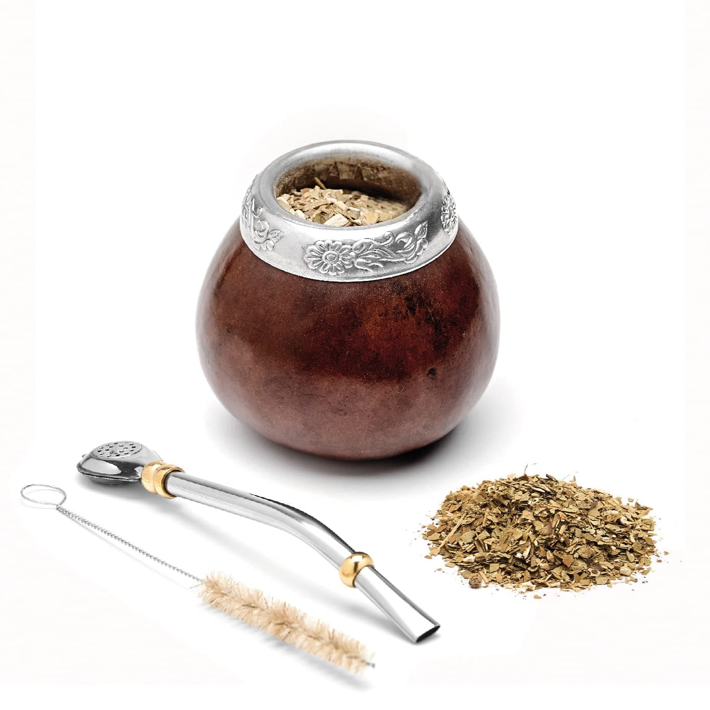 BALIBETOV Yerba Mate Gourd Set (Original Natural Handmade Yerba Mate Cup Argentina) - Includes Mate Tea Cup, Bombilla (Mate Straw) and Clean Brush - Classic Mate Cup and Bombilla (Dark Brown)