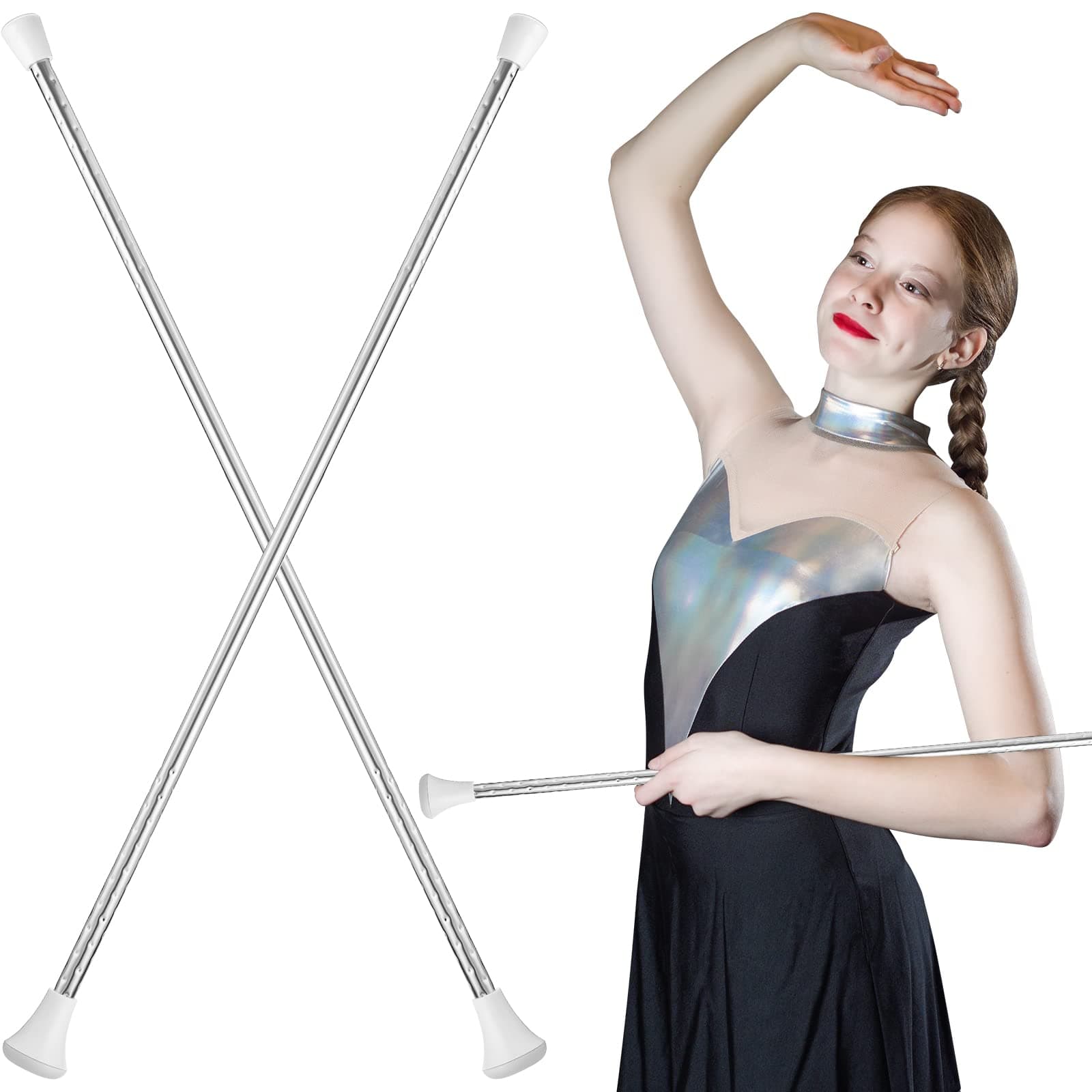 HyDren 2 Pack 26 Inch Twirling Baton Unisex Kids' Gymnastics Dance Baton White Metal Baton Marching Band Baton Parade Baton Stick for Talent Shows, Artistic Dancing, Baton Twirling