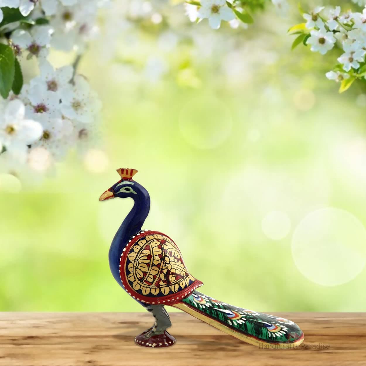 Handicrafts Paradise Wooden Handcrafted Painted Peacock Showpiece 5.5 x 4 inch