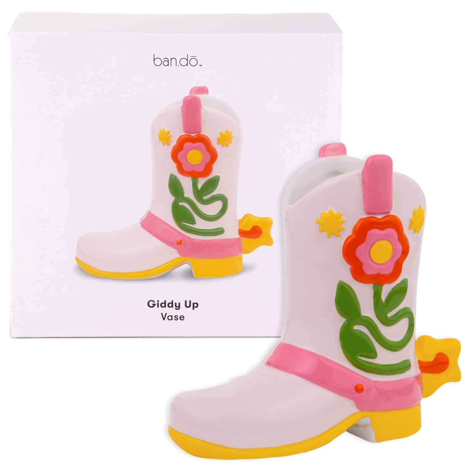 ban.do Small Cowboy Boot Vase, Cute Cowgirl Boot Vase, Colorful Ceramic Shelf Decor for Home or Office, Unique/Quirky/Funky/Fun Flower Doubles as Pencil Cup, Giddy Up
