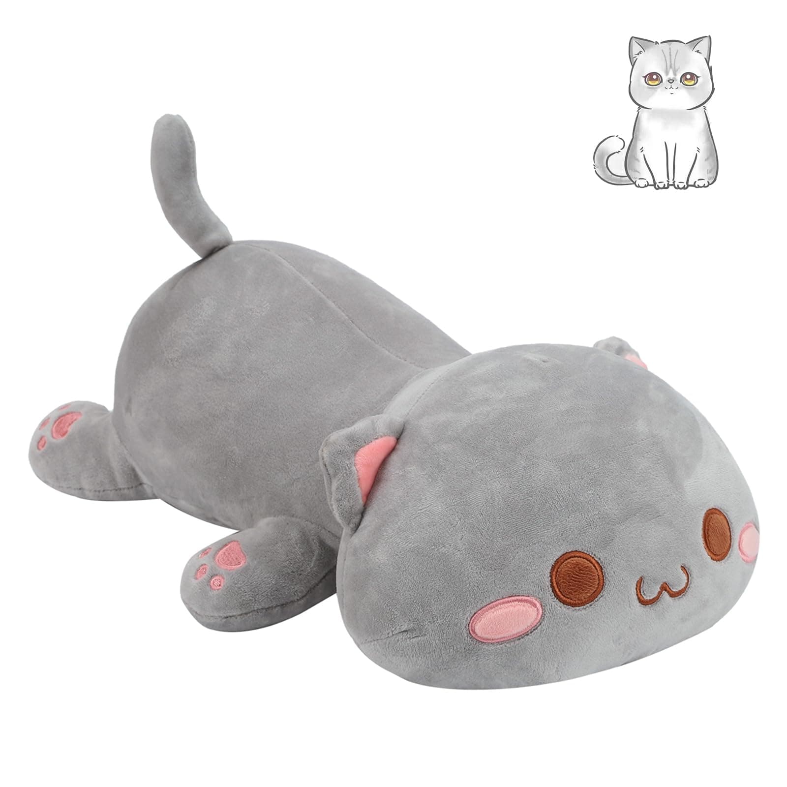 AFAN Cat Stuffed Animals Plush Cute Soft Cat Plush Pillow Toys Kawaii Plushies Room Decor Gifts for Kids Girls Boys (Round Eyes, Grey, 13.7 Inch)