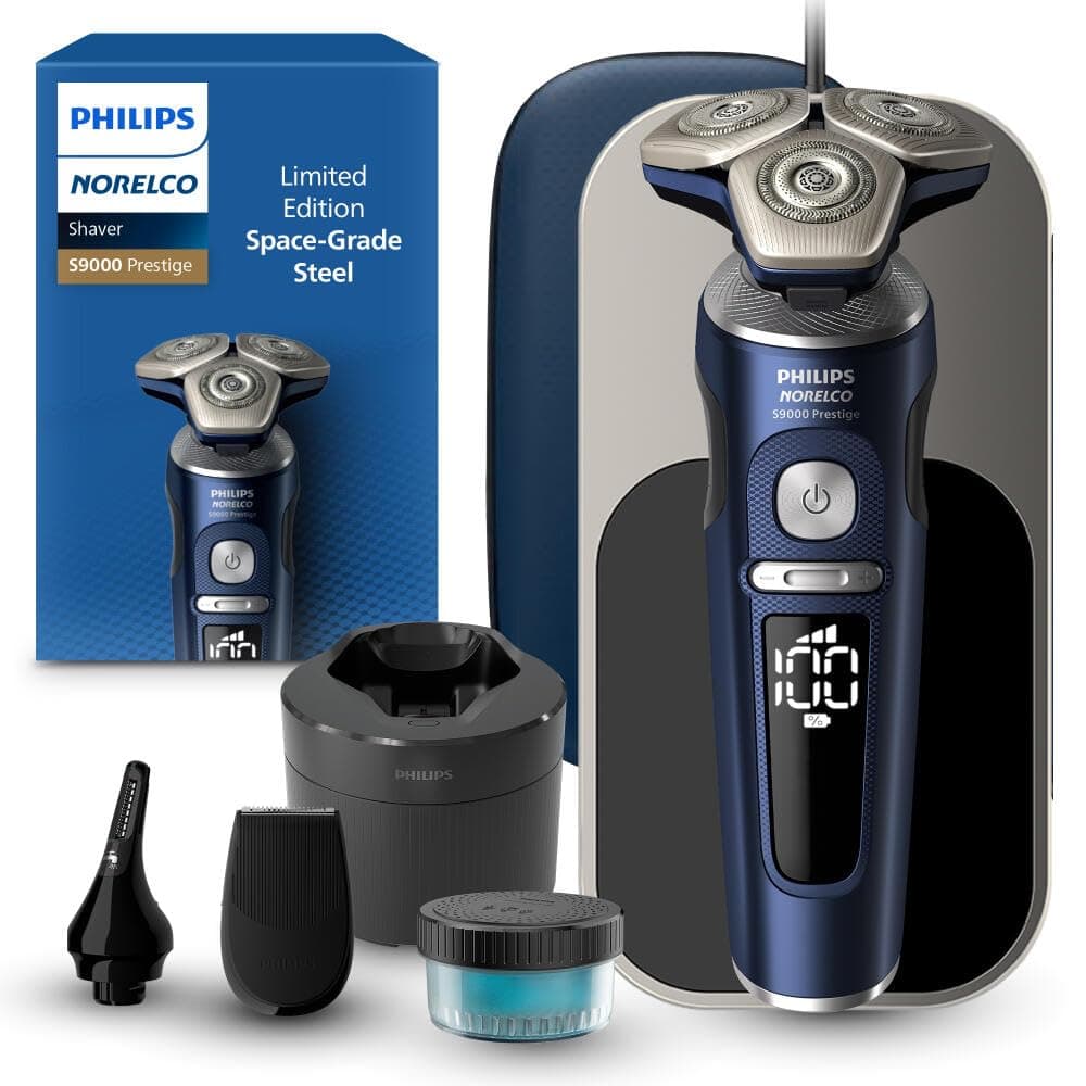 Philips Norelco Shaver Series 9000 Prestige, Wet and Dry Electric Shaver, Blue, Lift & Cut Shaving System, SkinIQ Technology, Precision Trimmer, Nose Trimmer, Qi Charging Pad, Cleaning Pod, SP9886/89