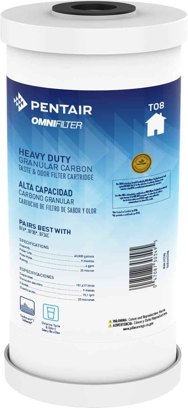 Pentair OMNIFilter TO8 Carbon Water Filter, 10" Heavy Duty Big Blue Whole House Granular Carbon Taste & Odor Replacement Filter Cartridge, 10" x 4.5", 25 Micron