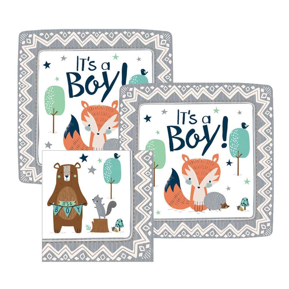 It's a Boy Woodland Baby Shower Paper Dessert Plates and Paper Napkins, 16 Servings, Bundle- 3 Items