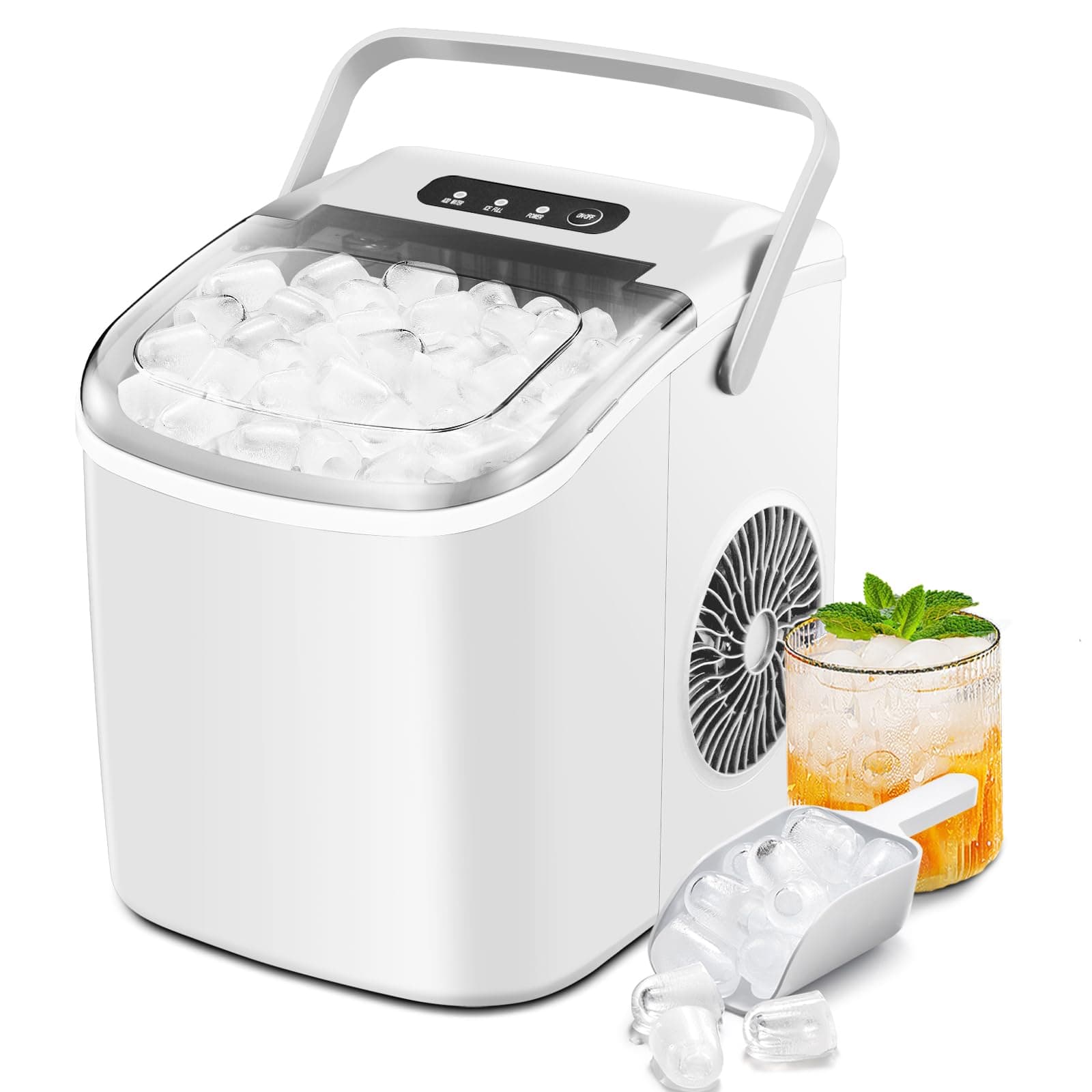 Ice Makers Countertop with Self-Cleaning, 26.5Lbs/24Hrs, 9 Cubes Ice Ready in 6 Mins, Portable Ice Maker with Ice Scoop/Basket for Home/Kitchen/Office/Bar, White(with Handle)