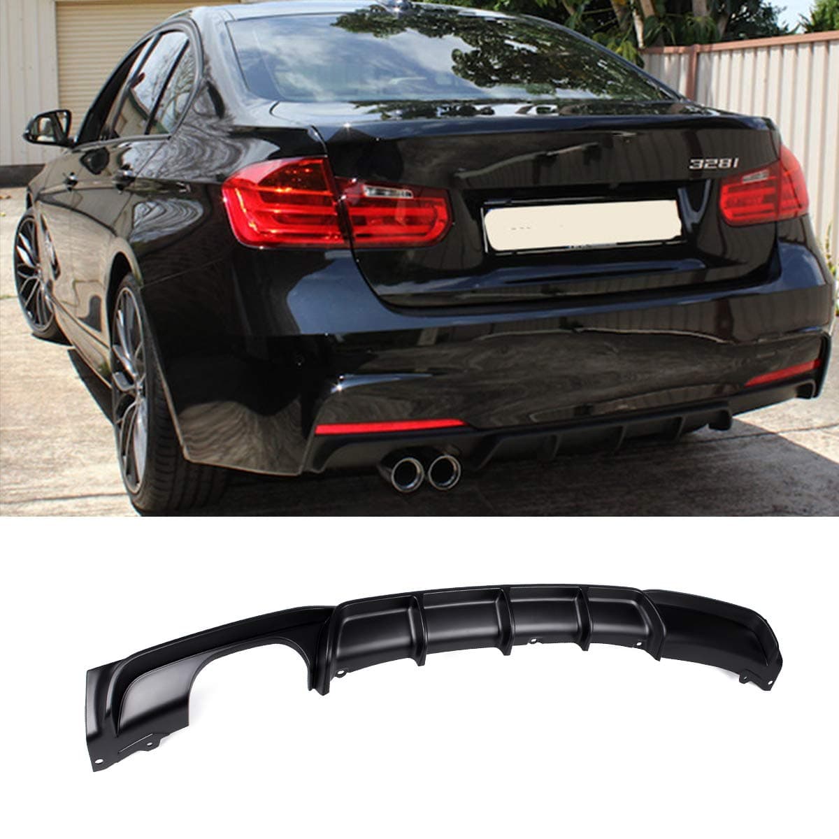 Fandixin F30 Diffuser, FRP Rear Bumper Diffuser Lip Dual Muffler Single Out for BMW 3 Series F30 320i 325i 328i 335i M-Tech M Sport Matt Black