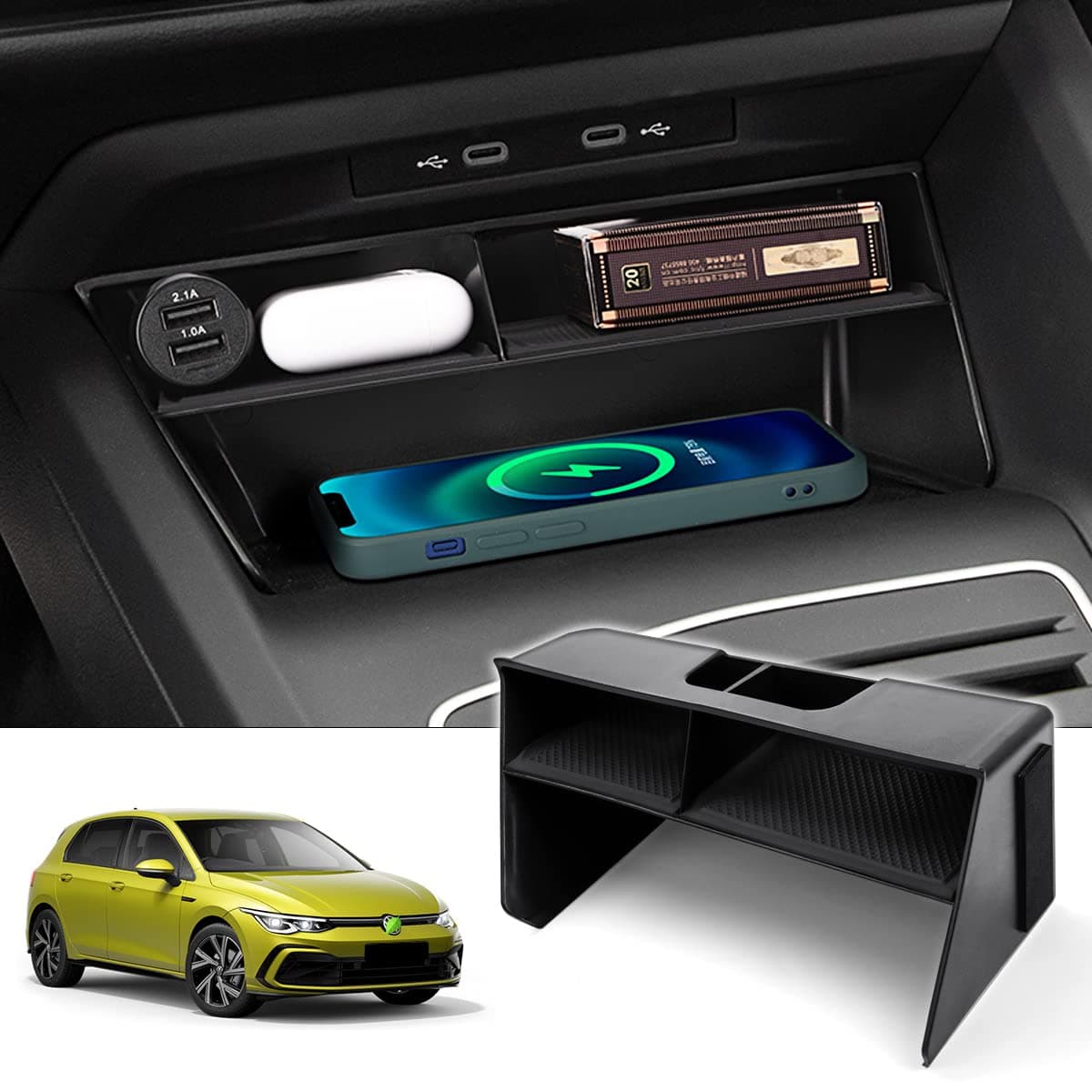 Karltys Center Console Organizer for VW Volkswagen Golf GTI R MK8 2022-2026 Accessories Center Console Insert Tray Secondary Storage Box with Non-Slip Silicone Mat