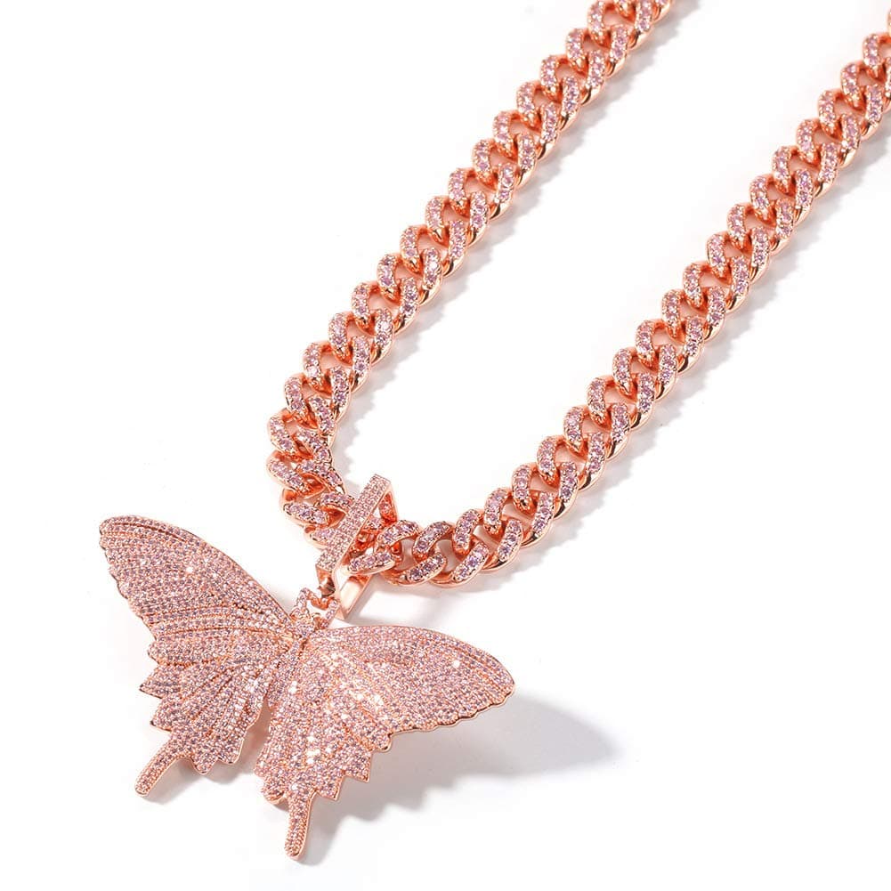 KMASALIced Out Chain 18K Gold Plated Fully CZ Simulated Diamond Pink Butterfly Hip Hop Pendent Necklace for Men Women