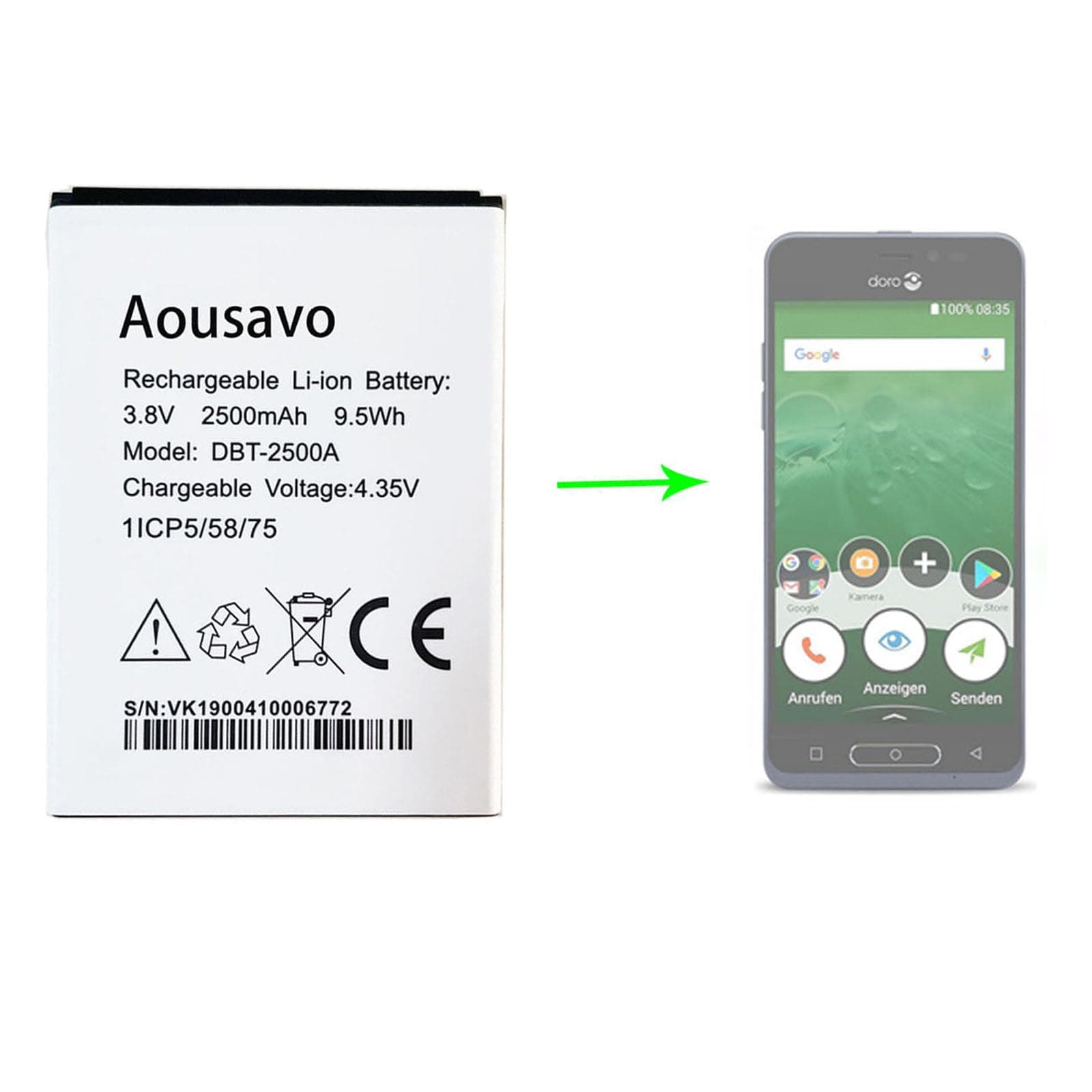 Aousavo DBT-2500A replacement battery, compatible with Doro 8035