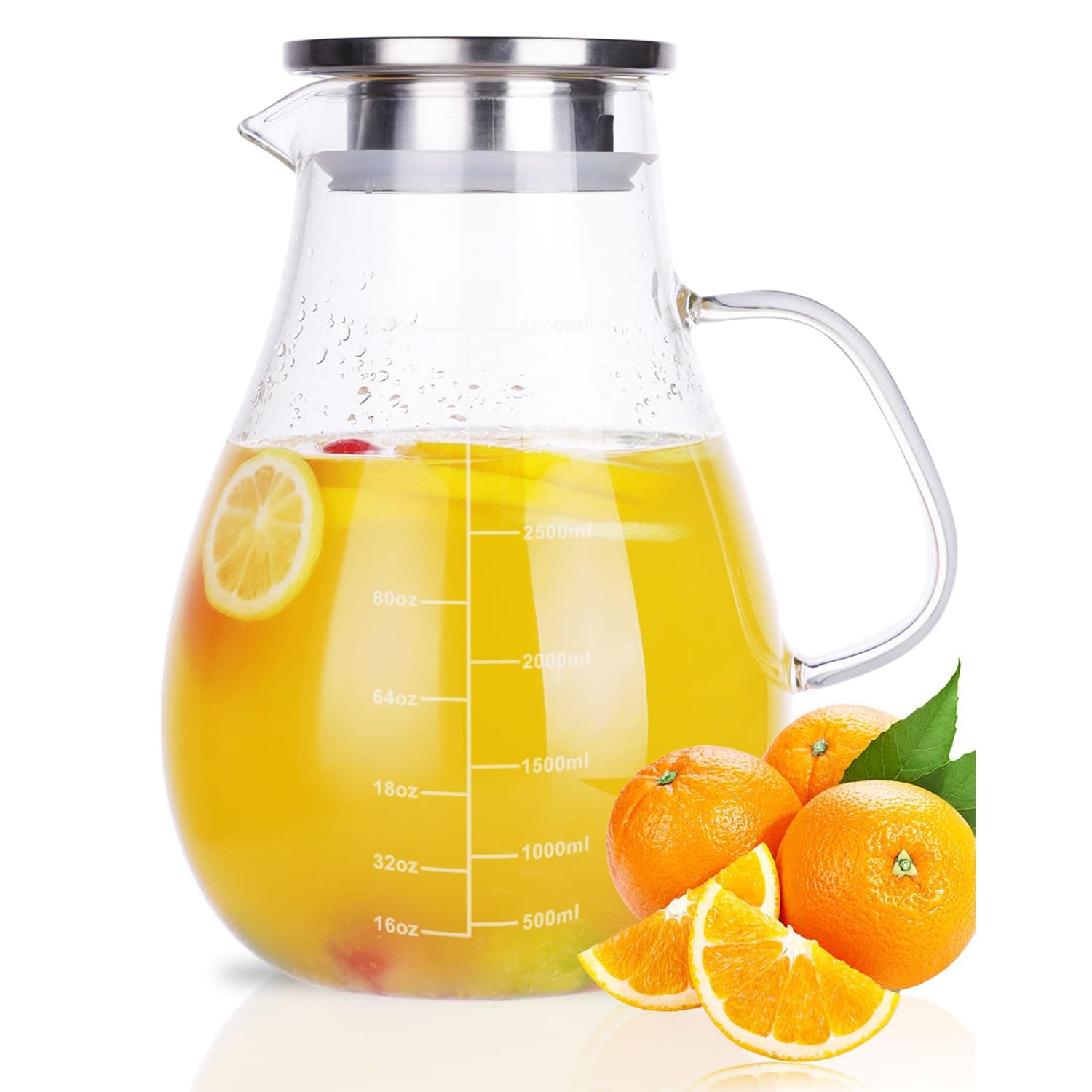 Glass Pitcher, Glass Water Pitcher with Tight Stainless Steel Lid, 108oz/3.2L, Heat Resistant Borosilicate Glass Carafe, Long Handle Cleaning Brush and Mixing Spoon, Temperature Safe