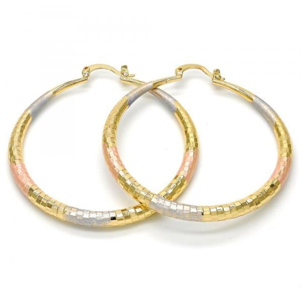 Yellow Rose and White Gold Tone Ladies Round Hollow Diamond-Cut Design Extra Large Hoop Earrings Tri-Color (70mmx4mm)