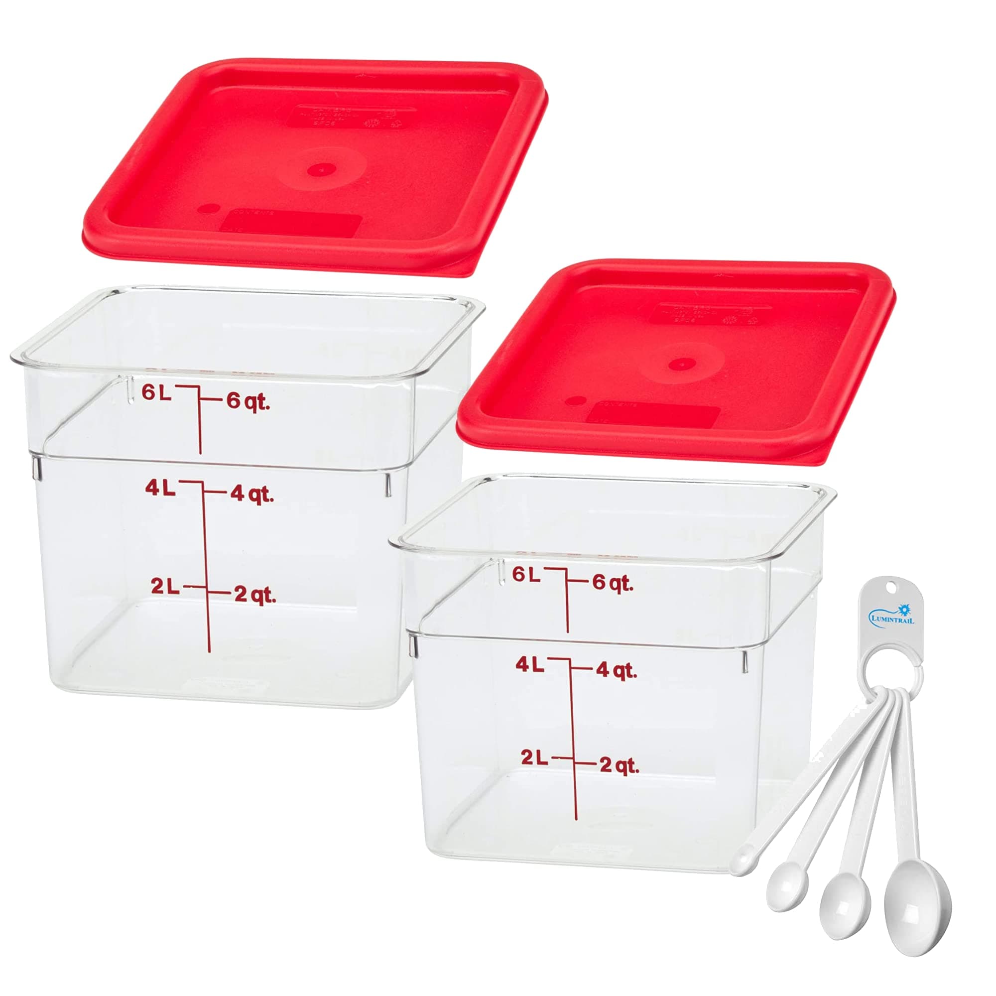 LumintrailCambro 6 Qt Square Food Storage Container with Red Lid, 2-Pack Bundle Includes a Measuring Spoon Set