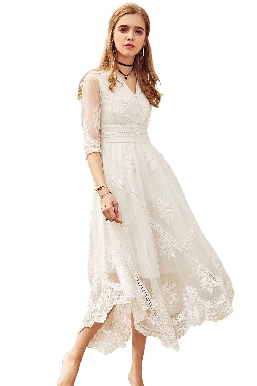 Artka Women's Lace Embroidered Maxi White Sheer Wedding Dress