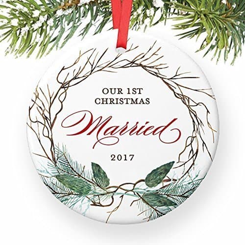 1st Year Married Ornament, 2019 Funny Christmas Ornament for Newlywed Couple, First Xmas Ornaments for the Bride & Groom Ceramic Present Keepsake 3 Flat Circle Porcelain with Red Ribbon Box