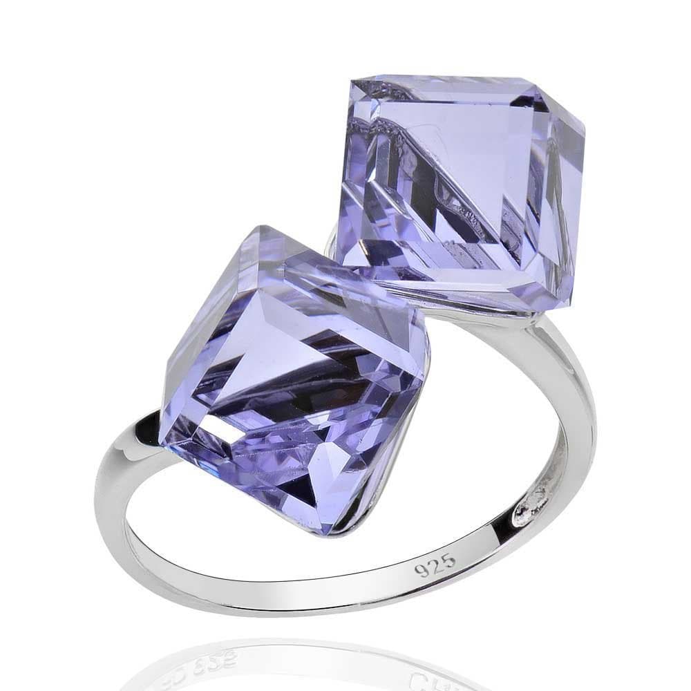 Sterling Silver Double Cube Shaped Genuine Swarovski Crystal Bypass Ring Sz 6
