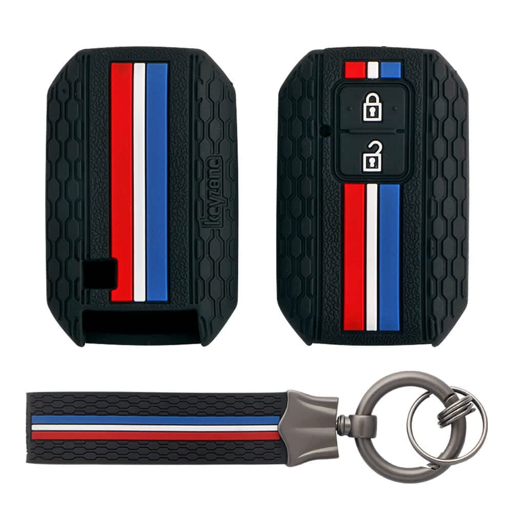 Striped Silicone Key Cover Compatible for Suzuki Baleno, XL6, Grand Vitara, Swift, Ertiga, New Brezza 2022, Dzire (2 Button Smart Key, Black with Black Striped Keychain)