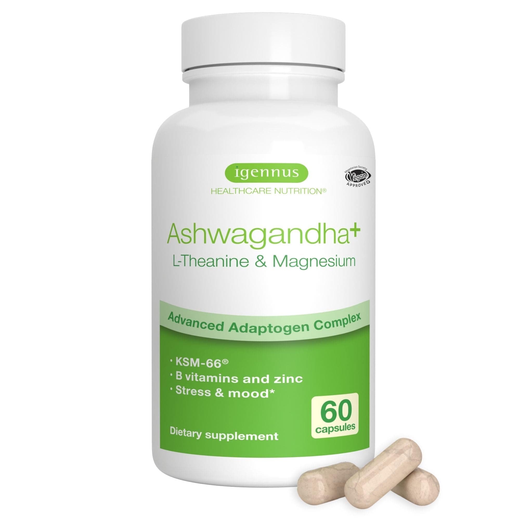 Igennus High Strength Ashwagandha, Magnesium, & L-Theanine Stress Relief Complex, KSM-66 Root Extract Adaptogens, Boosted with Methylfolate, Zinc & Biotin Clean Label, 60 Fast Acting Capsules