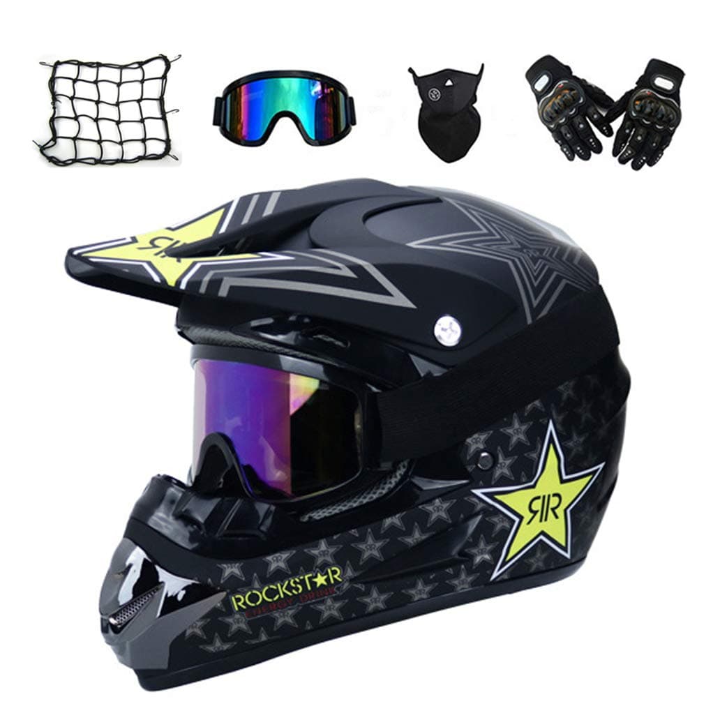 VOMI Full Face MTB Helmet with Goggles Gloves Mask Helmet Net, Black/Rockstar, Adult Motorcycle Motocross Helmet Set Motorbike Off Road Crash Helmet Protective Gear