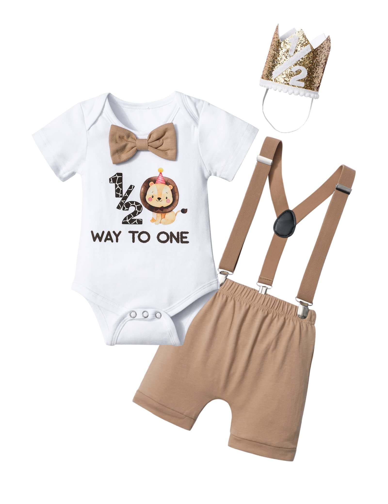 Half Birthday Outfit Baby Boy 1/2 Way to One Bowtie Romper Suspender Shorts Crown Clothes Set