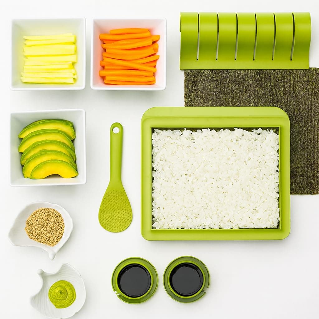 SushiQuik Sushi Making Kit with Rice Spreading Training Frame, Rice Paddle, Rolling Mat, Roll Cutter, Base, and Soy Sauce Caps - Sushi Kit for Beginners and Kids