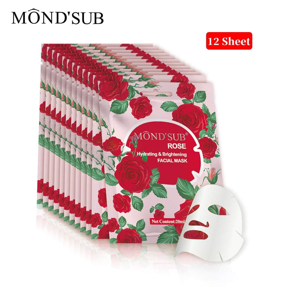[MOND'SUB]Sheet Face Mask For All Skin Types-Fruits Facial Mask Sheet-Deep Moisturizing&Nourishing&Hydrating-Natural&Organic Collagen Essence Skin Care (Rose Hydrating & Brightening)
