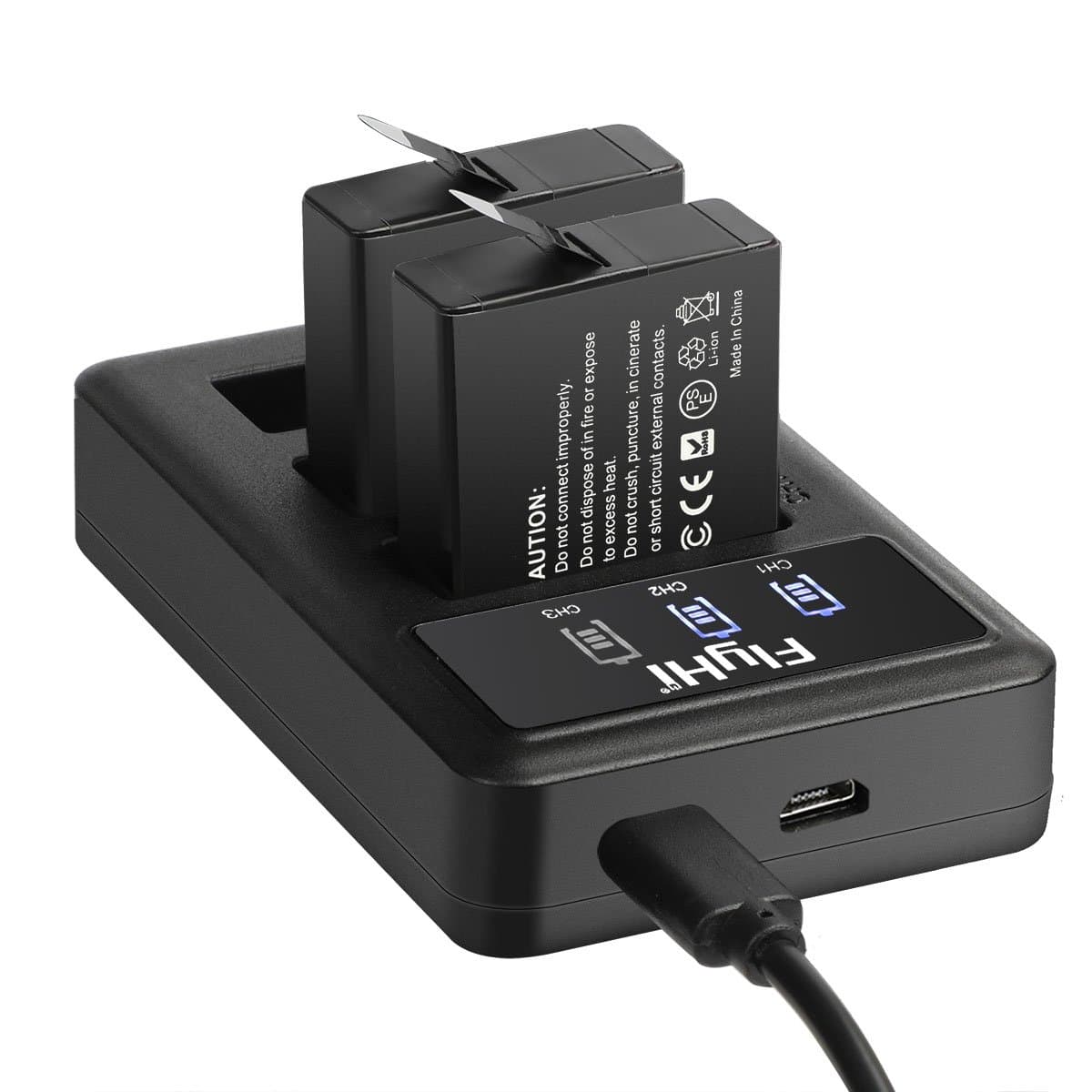 FlyHi Replacement Battery (2-Pack) & Rapid Smart LED Triple Charger for GoPro Hero(2018) /GoPro HERO7 /HERO6 /HERO5 Black (Compatible with Firmware v01.55, v01.57 and v02.00, v02.01, v02.51, v02.60)