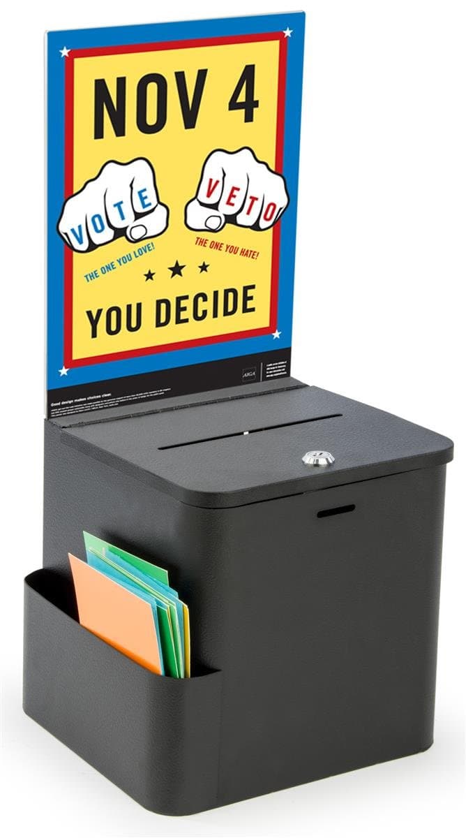 Suggestion and Ballot Box, Locking, Includes Pocket for Envelopes, 8.5" x 11" Sign Holder (Black Metal)