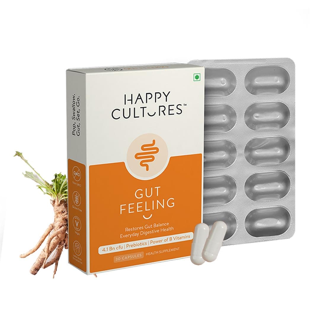 VELBIOMHappy Cultures Gut Feeling Digestion Supplement Unique Blend Of Probiotics For Daily Digestive Health B-Vitamins Gut Digestion, Clinically Tested, For Men - 30 Veg Capsules
