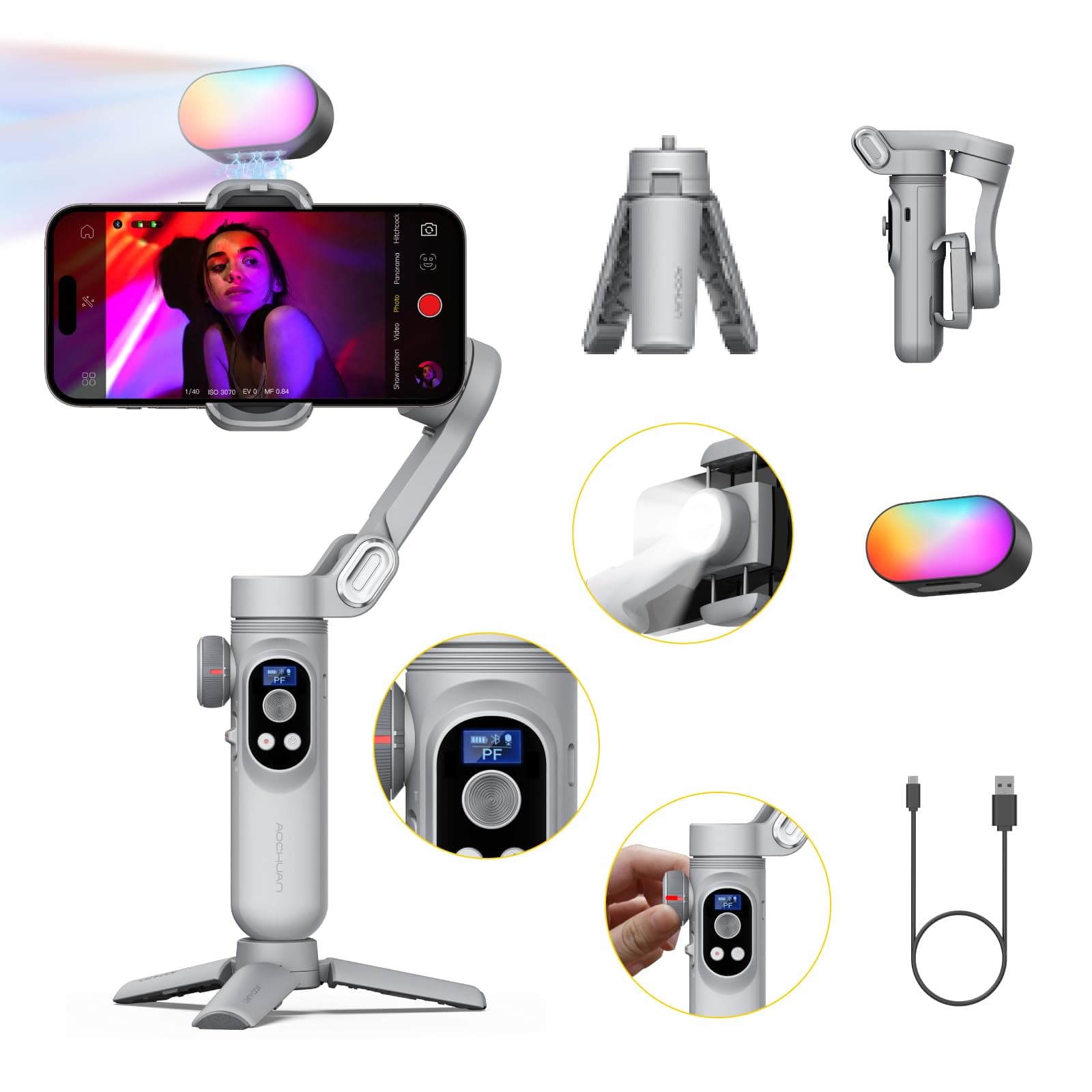 iPhone Gimbal, 3-Axis Gimbal Stabilizer for Smartphone w/RGB Magnetic Fill Light Portable with Fous/Zoom Wheel for Vlog, Compatible with iPhone 15 Pro Max/Android-Smart X Pro Kit Gray