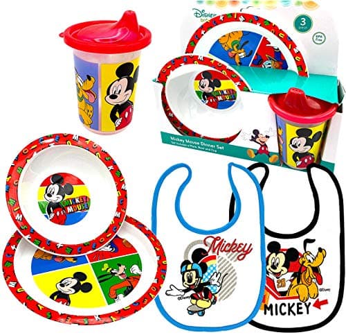 Disney Mickey Baby Toddler Utensil Dinnerware Feeding Dish Set Gift Box including Break Resistant Bowl, Dish Plate, Tumbler Cup and Baby Bibs - Safe BPA free, Easy to Clean, Perfect Gifts for Kids