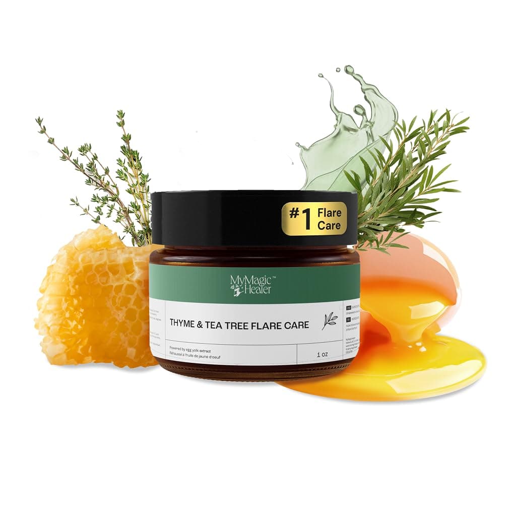 MyMagicHealer Thyme & Tea Tree Flare Care | Cystic Acne, Folliculitis, Ingrown Hair, Keratosis Pilaris, Razor Bumps, Body Bumps, Blind Pimples Multi-purpose Solution | w/Egg Yolk & Tea Tree 1 oz