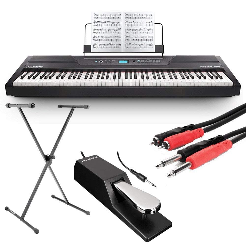 Alesis Recital Pro 88-Key Digital Piano with Hammer-Action Keys + On Stage Keyboard Stand + Piano Style Pedal + Hosa CPR-202 Dual inch Interconnect Cable Top Value Perfect Gift ALESIS PIANO BUNDLE