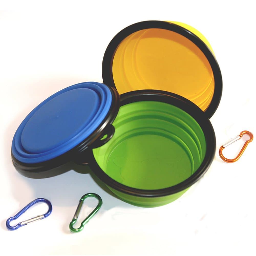 Comsun Collapsible Dog Bowl, Food Grade Silicone BPA Free, Foldable Expandable Cup Dish for Pet Cat Food Water Feeding Portable Travel Bowl + Free Carabiner (Standard, Blue + Green + Yellow)