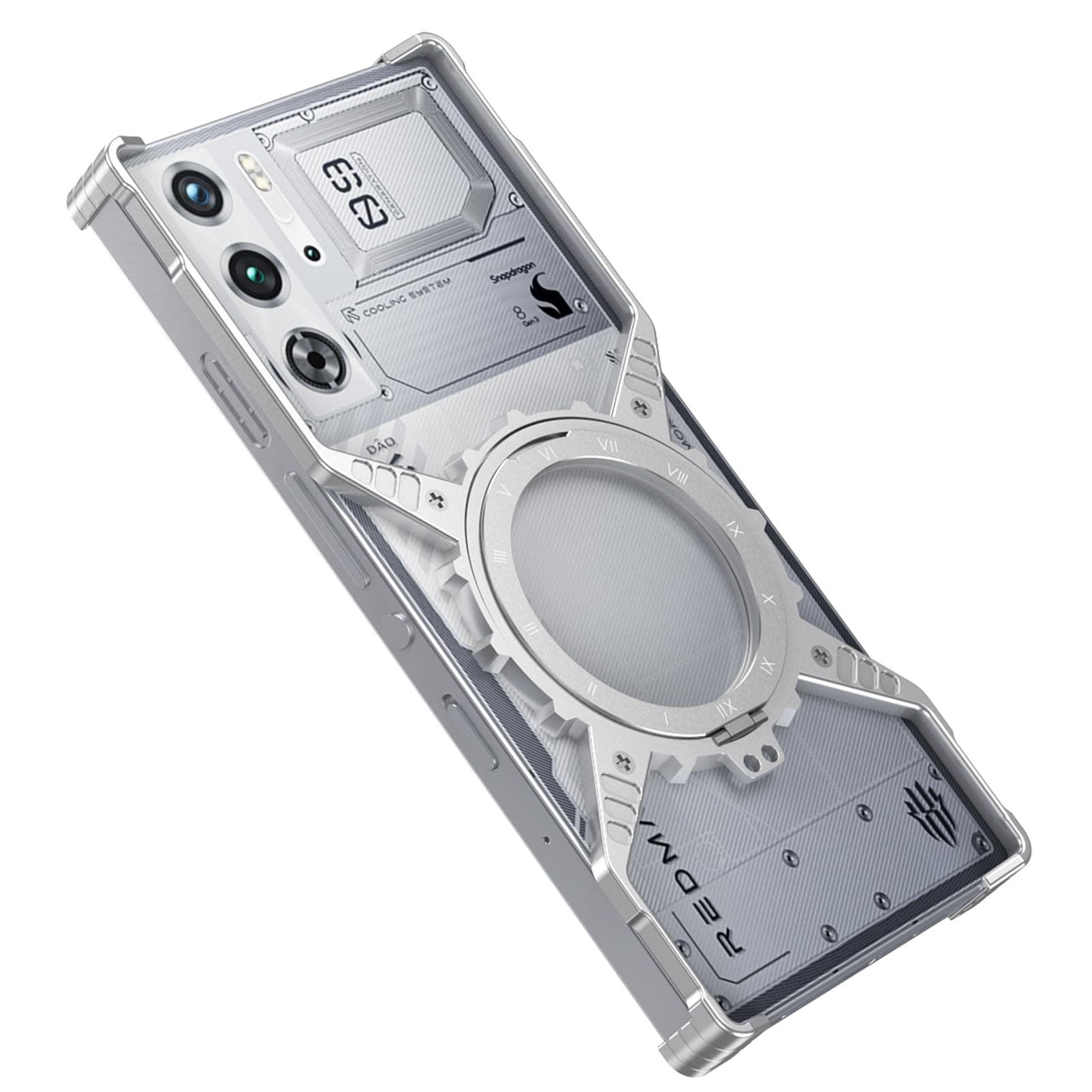 DAYJOY Premium Aluminum Frameless Bumper Case Compatible with Nubia Red Magic 9 Pro/9S Pro, Mechanical Gear Style Cool Design Luxury Metal Shockproof Slim case with Kickstand (Silver)