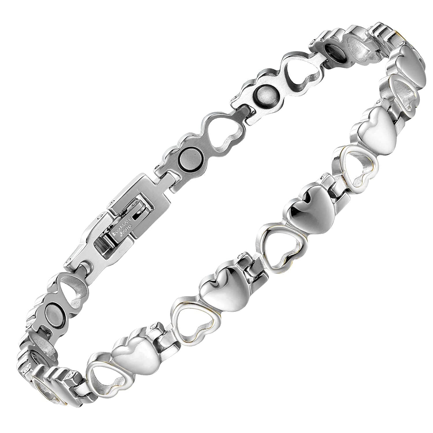 BioMagWomen Titanium Steel Magnetic Bracelets with Strong Heart Magnets (Silver)