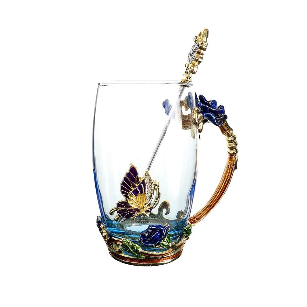 FENHAR Luxury Upgrade Enamel Glass Of Rose Bowl Heat-Resistant Crystal Glass Coffee Cup Couples Creative Gift Flower Tea Cup (Blue rose tall)