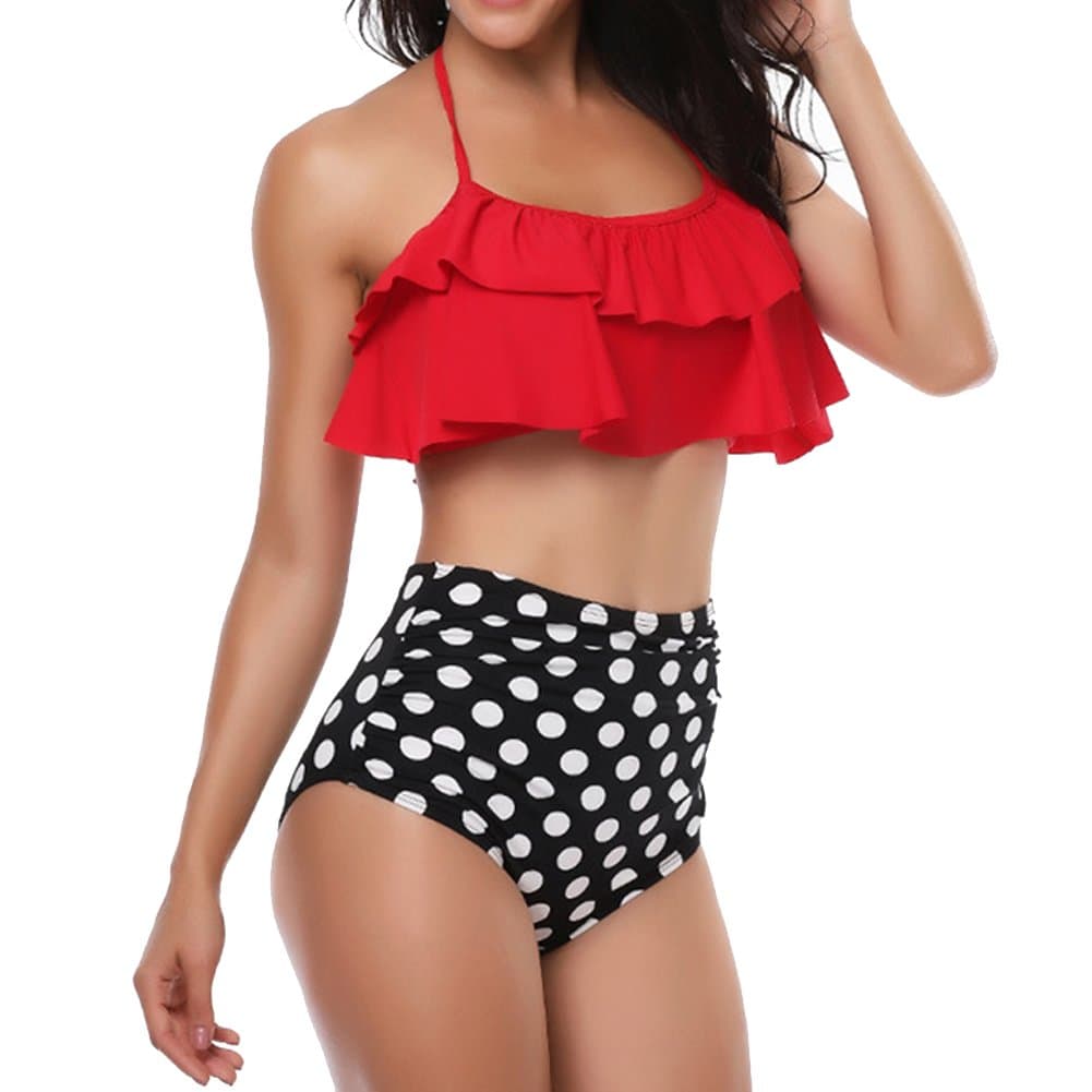 Swimsuit for Women Two Pieces Bathing Suits Top Ruffled Flounce Swimwear Tummy Control High Waisted Bottom Bikini Set