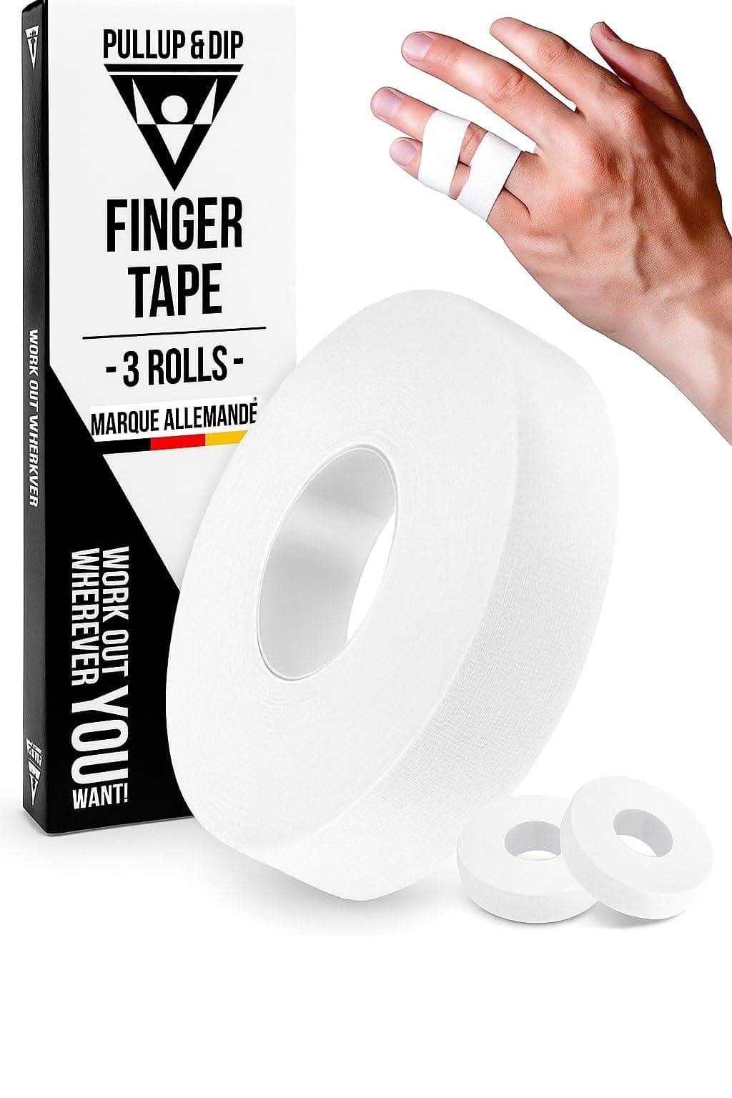 PULLUP & DIP Finger Tape Extra Strong, 3 Rolls (30 m) Finger Tape, Skin-Friendly Sports Tape, Hand Tape for Weight Sports, Bjj, Handball Accessories, Climbing Tape, Finger, Goalkeeper Training (White)
